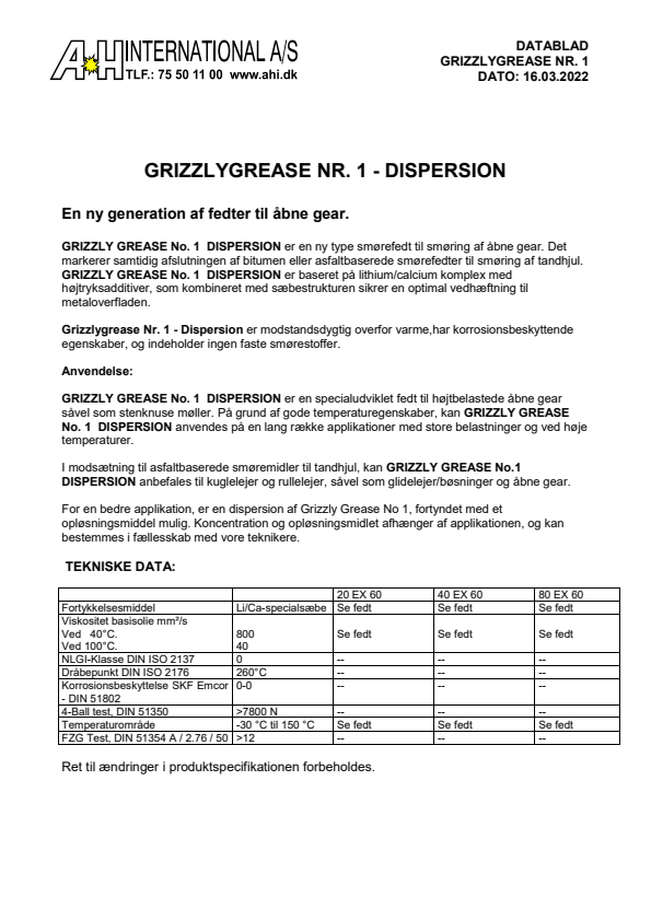 

GRIZZLY GREASE No. 1  Dispersions

